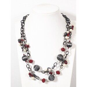 Premier Designs Gunmetal Red Bead Faux Pearl Double Layer Necklace Goth 20"